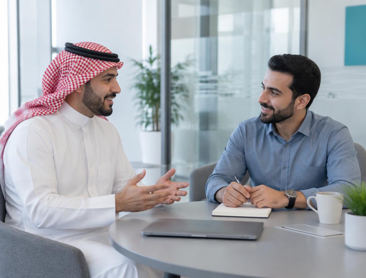 مشهد توضيحي لاستشارة وجهًا لوجه في مكتب مضيء