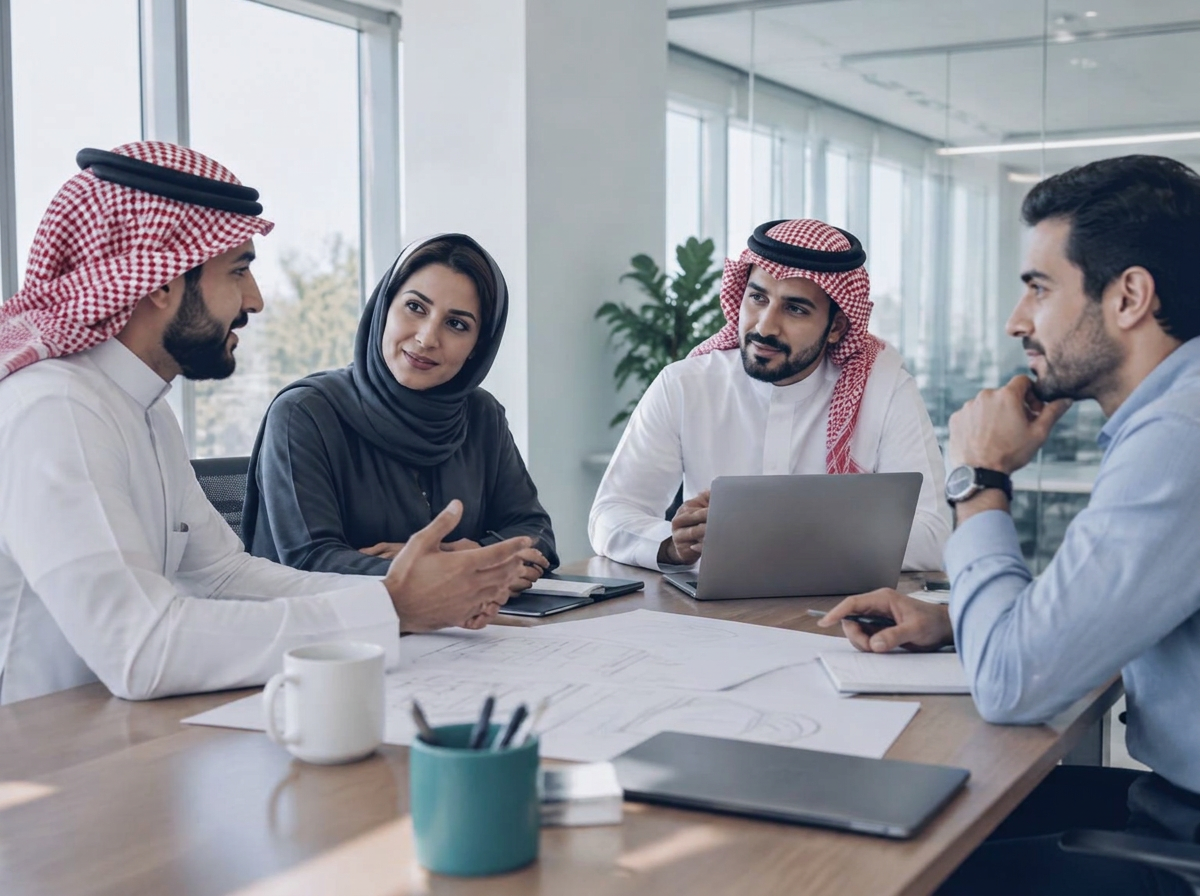 مشهد توضيحي لنقاش فريق جالس في غرفة اجتماعات مضيئة