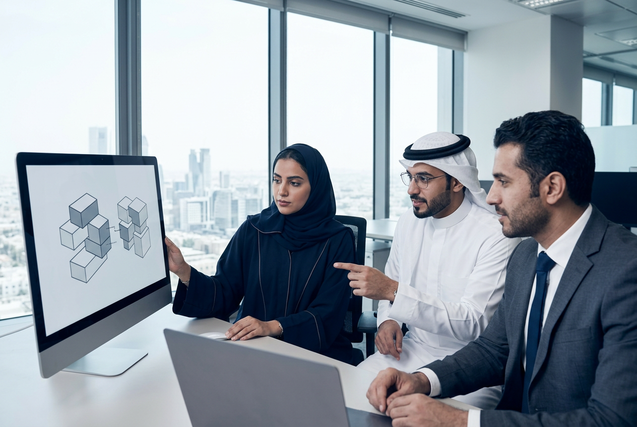 مشهد توضيحي لمهندسة سعودية وزملائها يراجعون مخططات المعمارية على شاشة