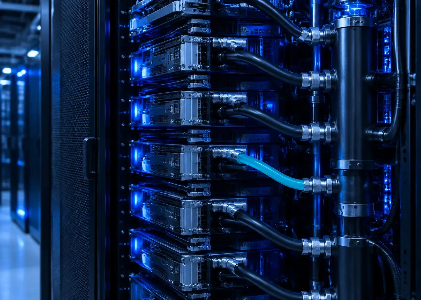 A dense GPU server rack with liquid-cooling pipes