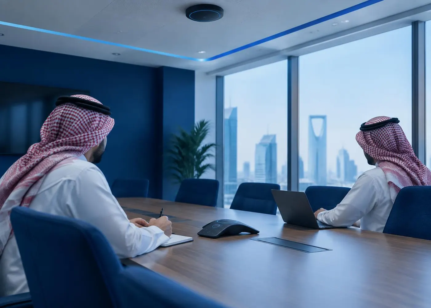 زميلان في اتصال داخل غرفة اجتماعات بها هاتف مؤتمرات