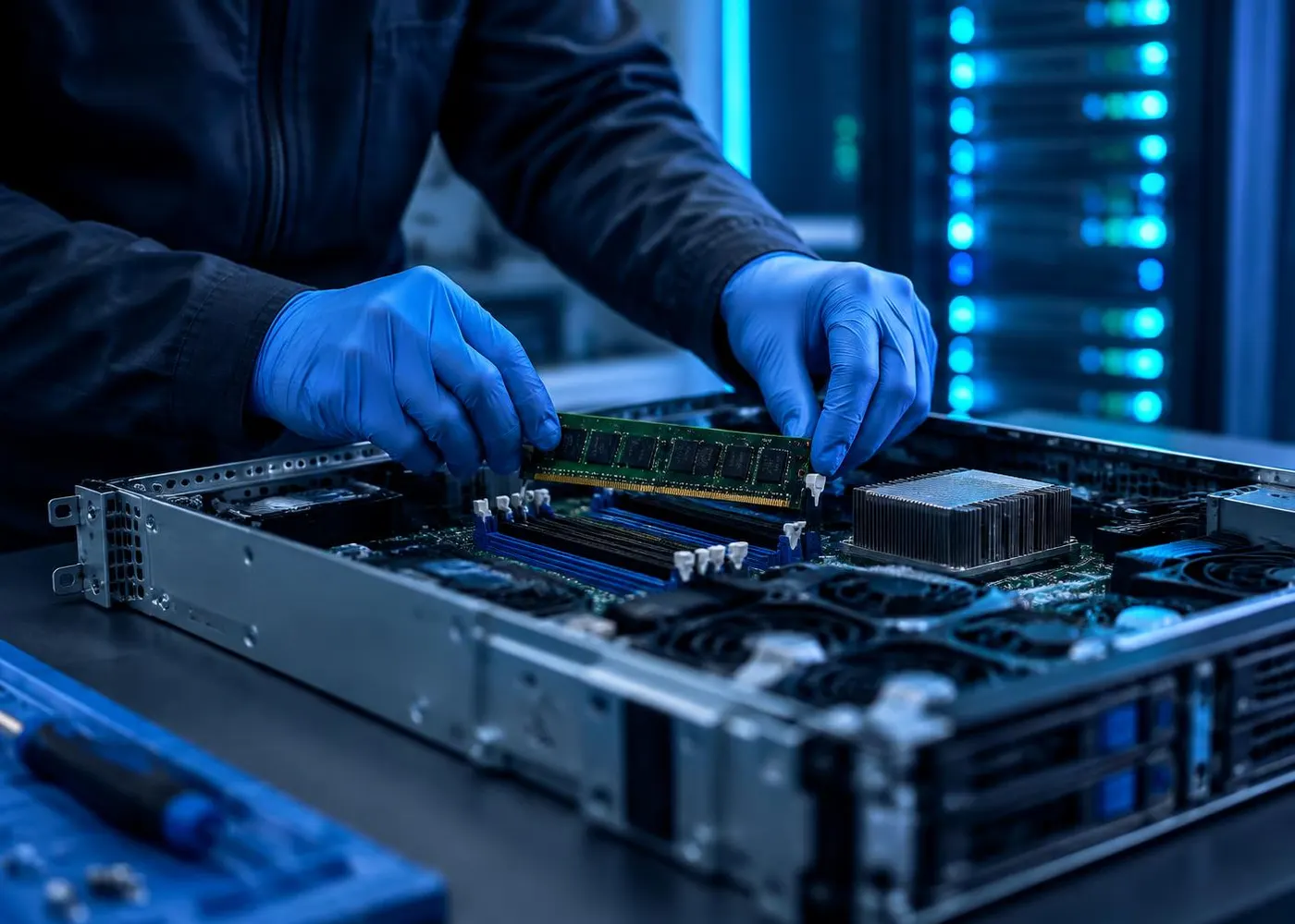 Gloved hands installing a memory module in an open server
