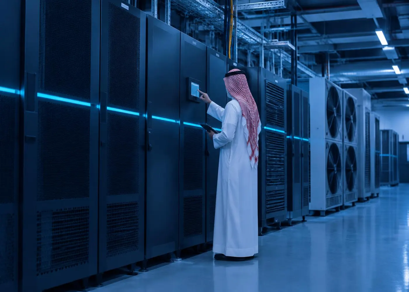 An engineer checking a panel beside UPS and cooling units in a plant room