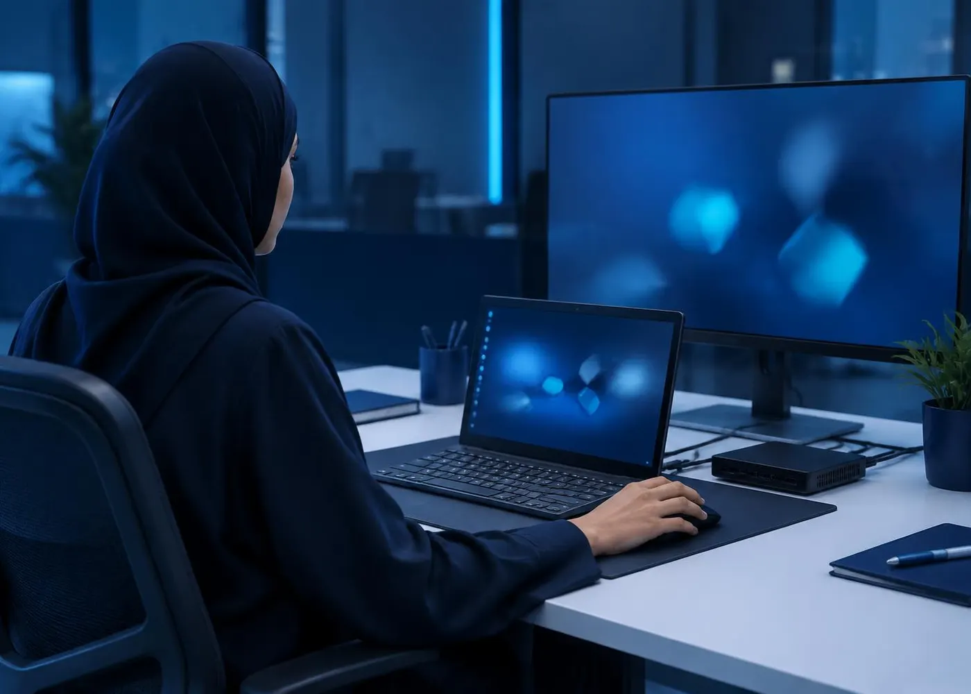 An employee at a thin client and screen showing an abstract virtual desktop