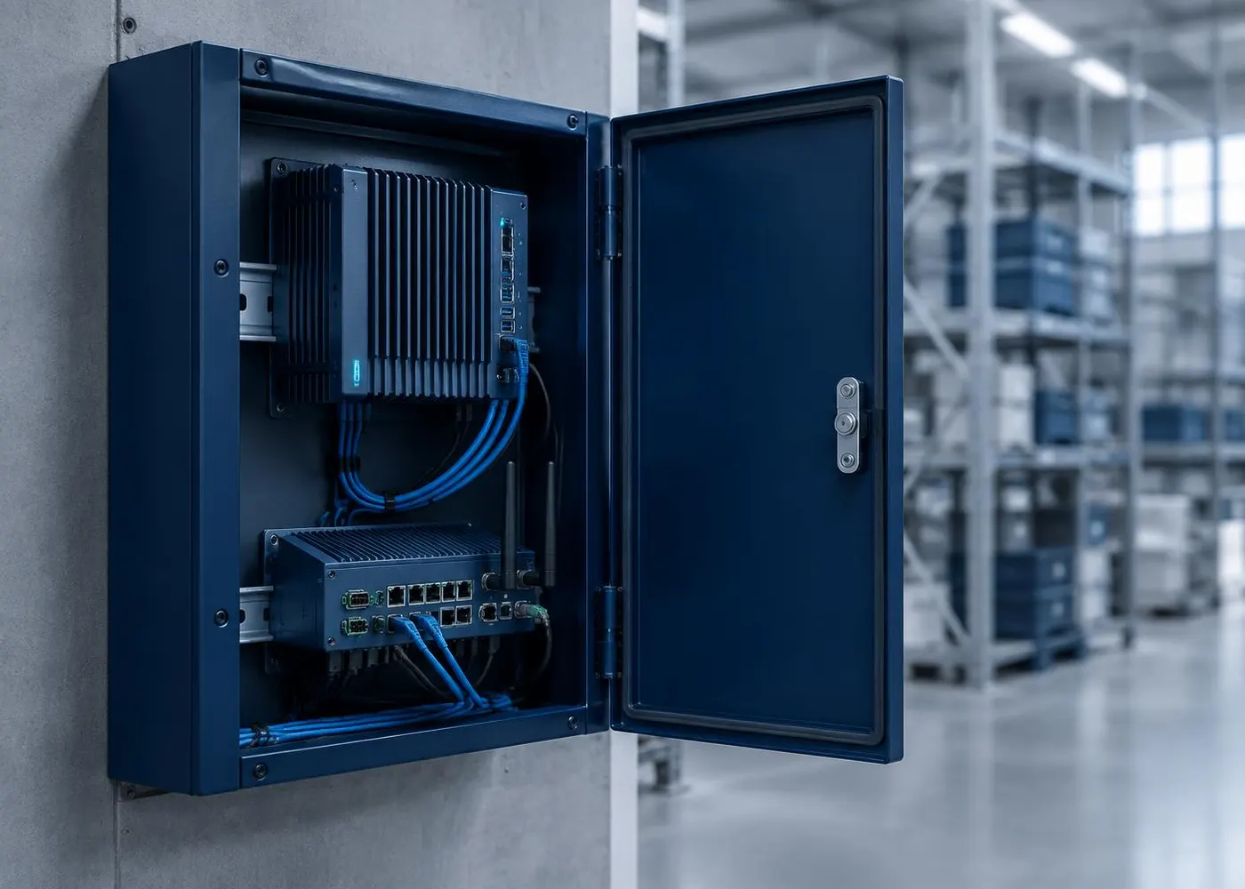 An edge server and industrial gateway in a wall cabinet in a warehouse