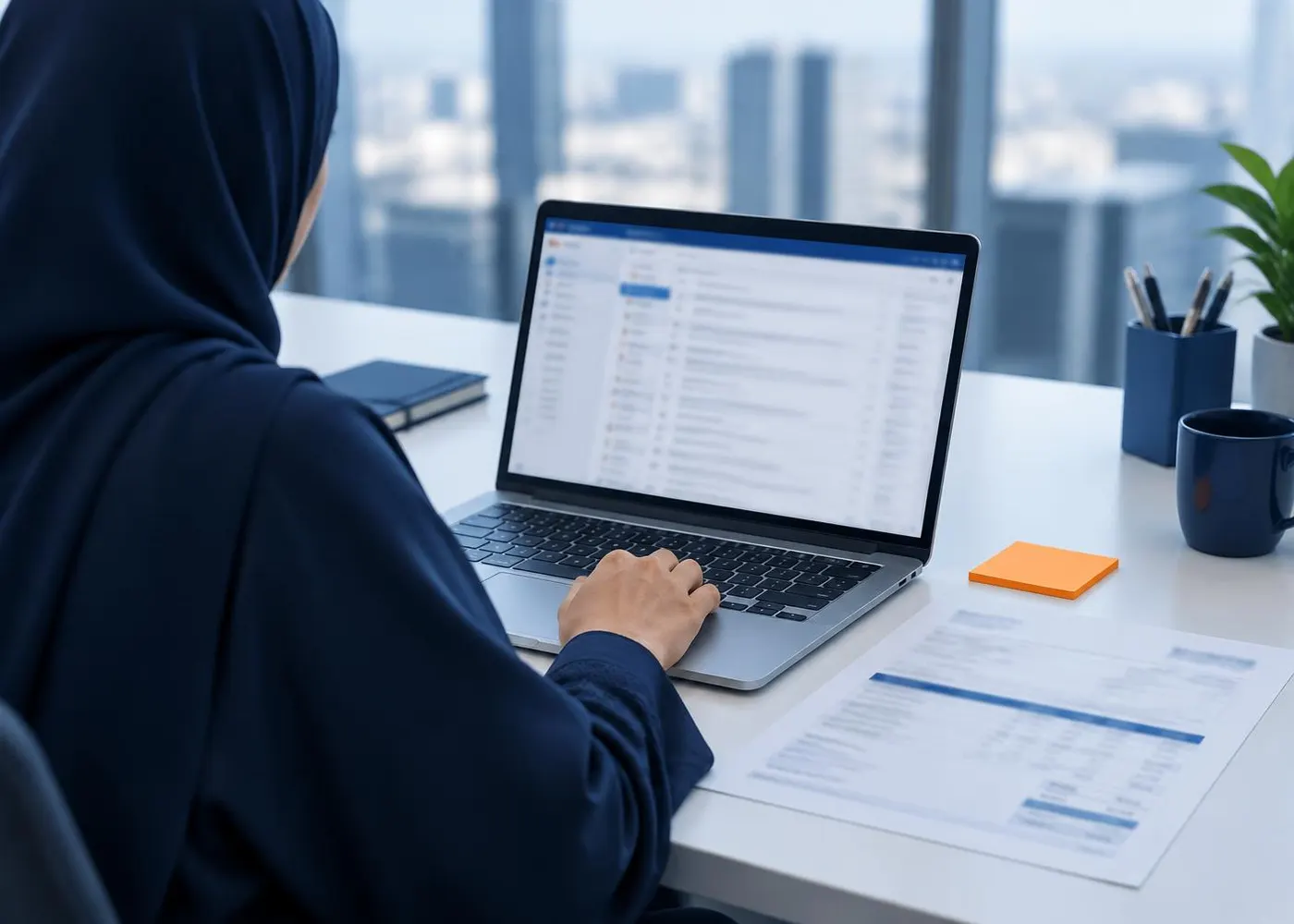 An employee at a laptop beside a printed invoice and an orange sticky note