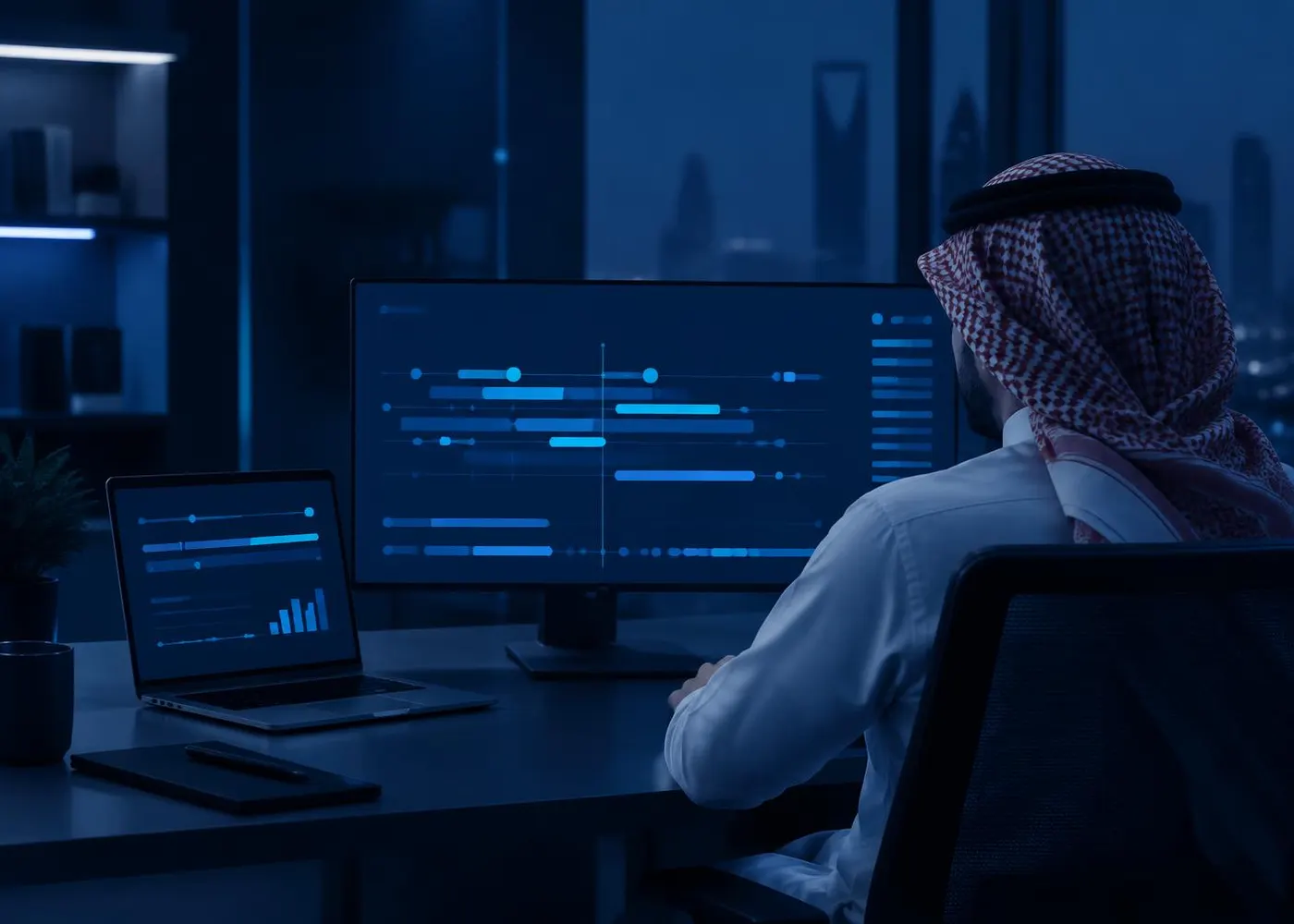 An engineer reviewing an abstract timeline on screens at dusk