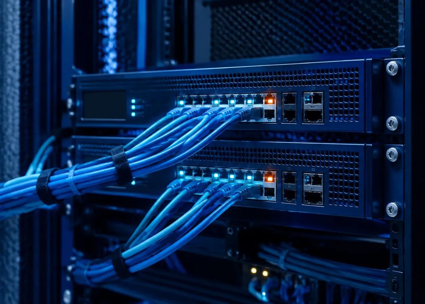 A pair of network appliances with patch cables in a rack