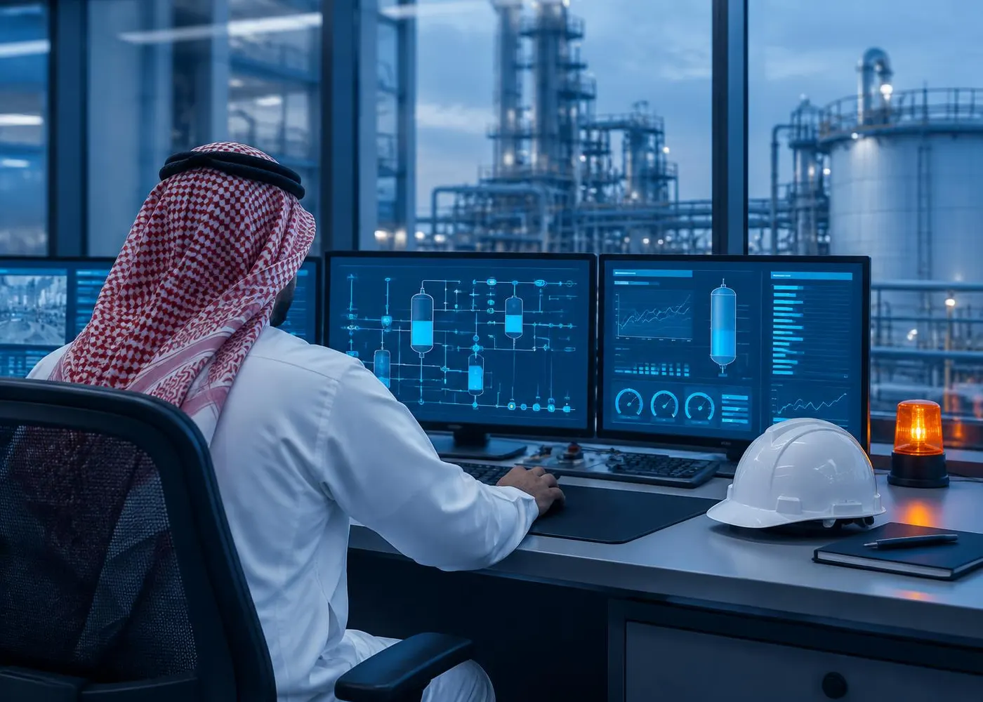 An operator at a control-room console in an industrial plant, a helmet on the desk
