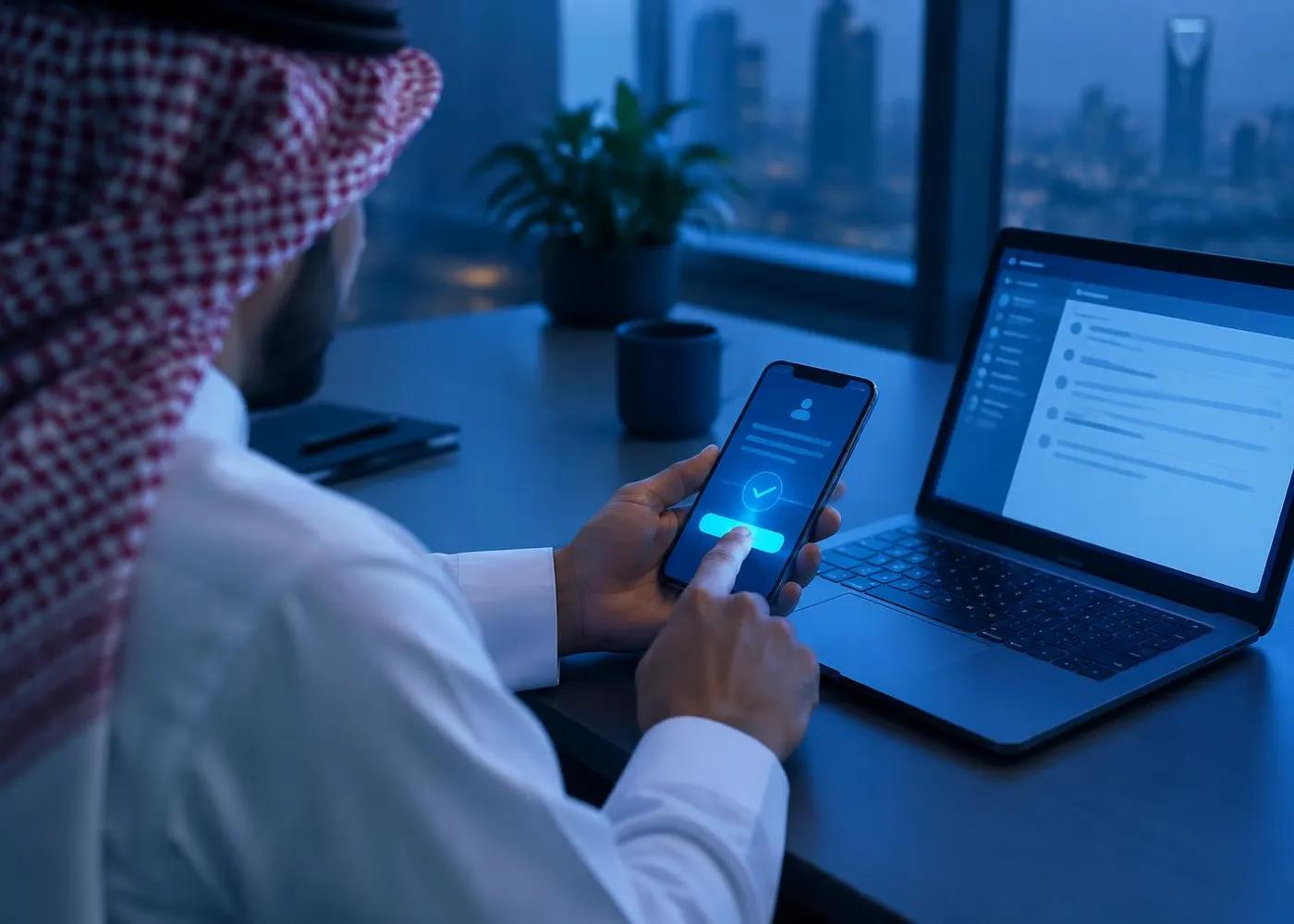 An administrator approving a request on a phone next to a laptop