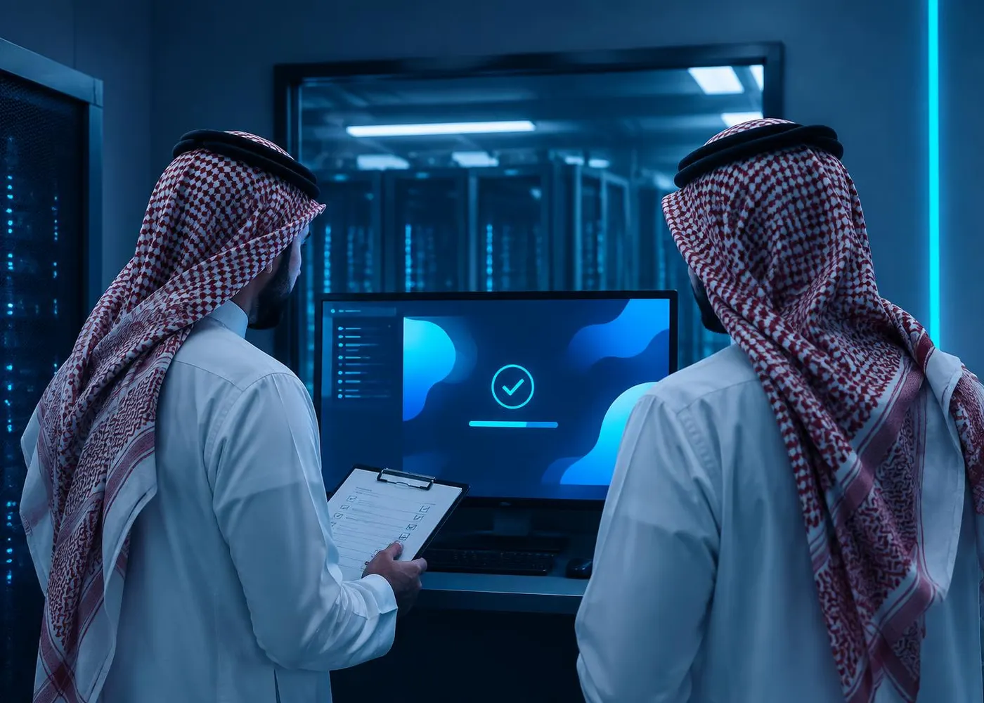 مهندسان يتابعان تشغيل نظام مستعاد على شاشة مع قائمة تحقق