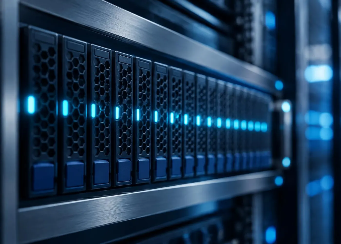 Close-up of an all-flash storage array front with a row of drive lights