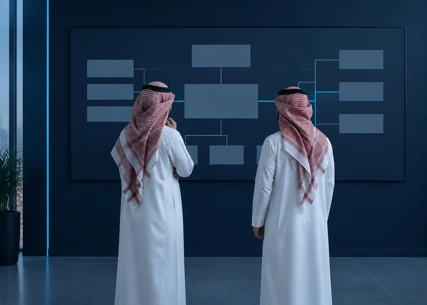 Two colleagues reviewing an architecture of boxes on a wall display