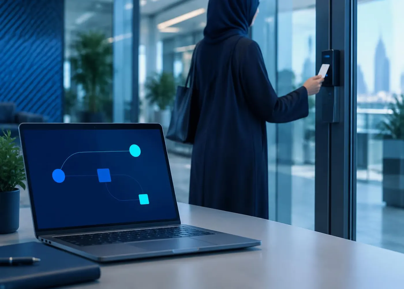 An employee badging into an office while a laptop shows an abstract connection