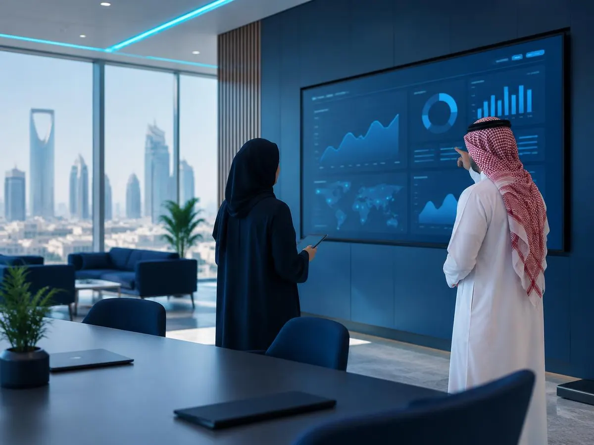 زميلان يراجعان رسومًا بيانية مجردة على شاشة كبيرة في مكتب مشرق بالرياض