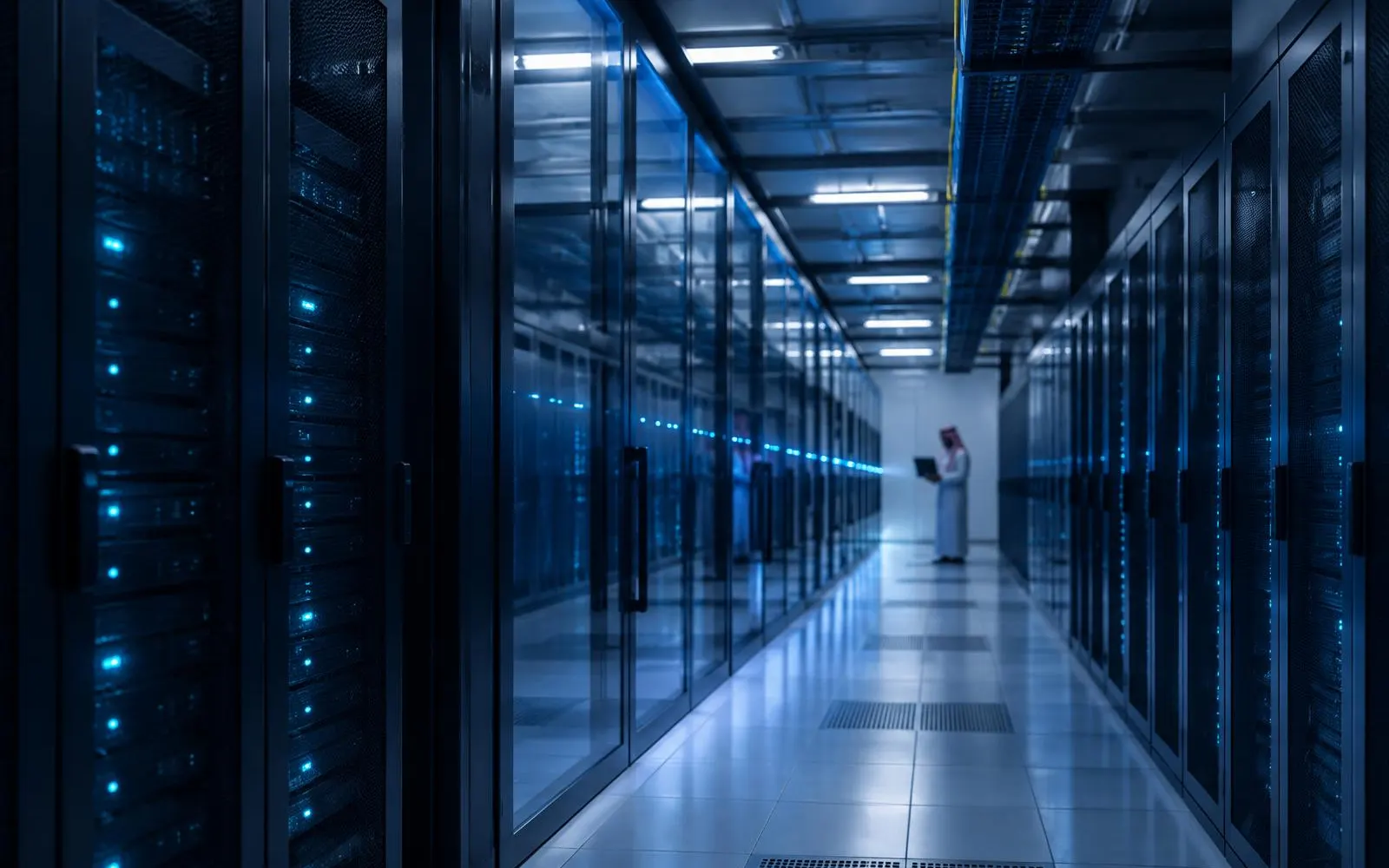A long data-centre aisle with server racks and a line of cyan status lights; an engineer with a laptop in the distance